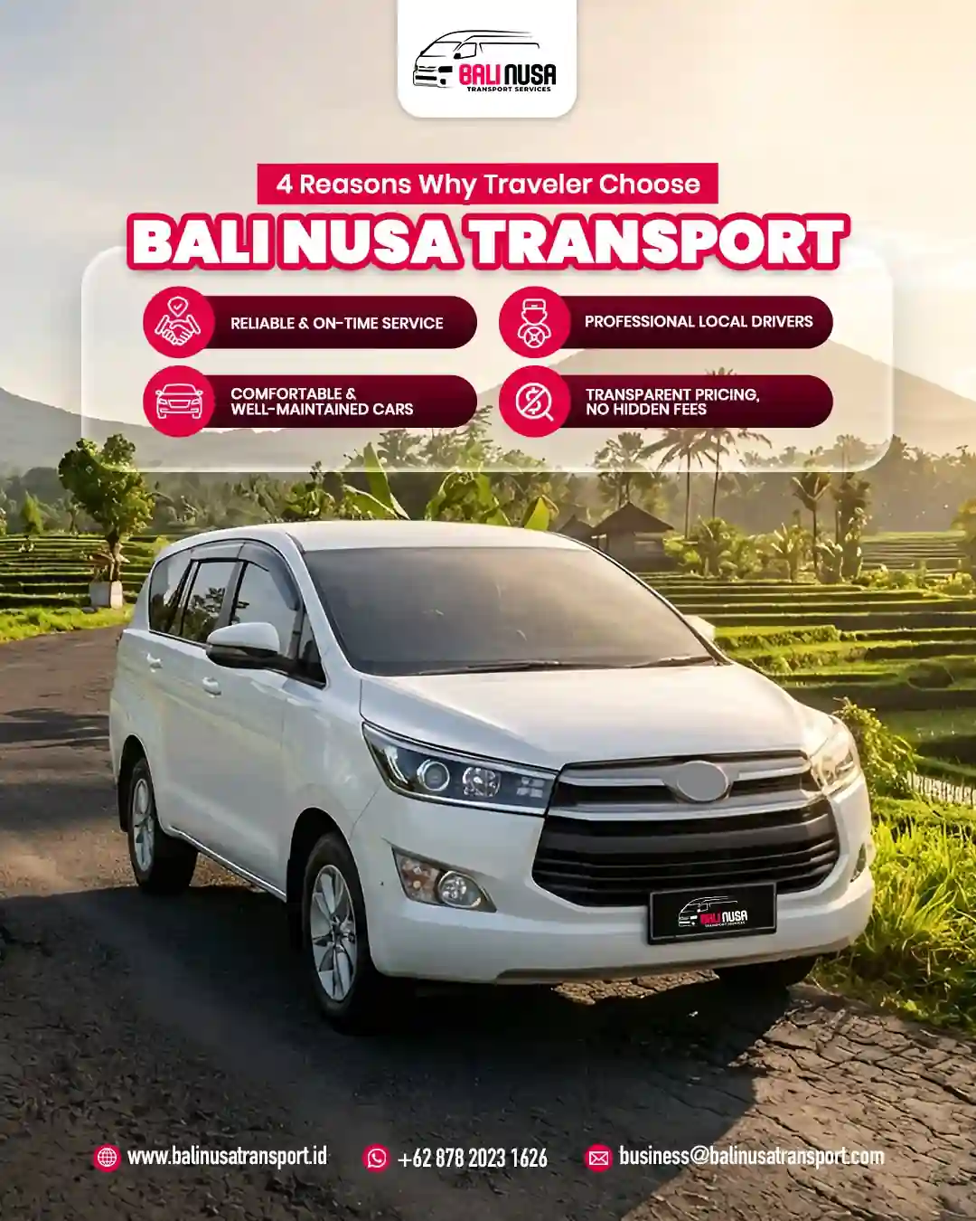 Professional Bali transport service in - comfortable private car